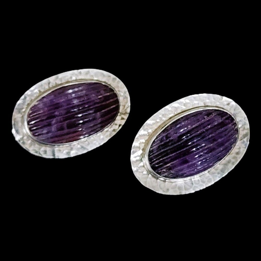 Vintage Dramatic Modernist Pepe Cerroblanco Sterling Silver Amethyst Earrings - Picture 2 of 6